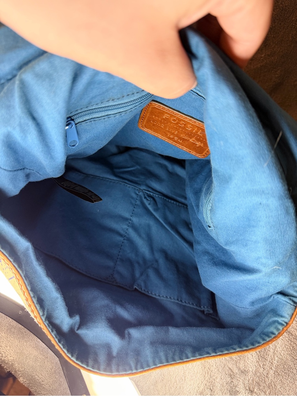 Fossil Blue and Cream Floral Canvas Backpack with Brown Leather Trim - Picture 9 of 10